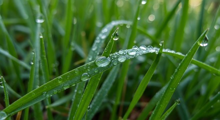 Close up view of green grass blades covered with water droplets glistening in the morning light