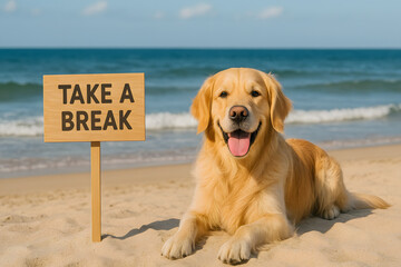 Golden retriever dog lying on sandy beach near ocean with sign take a break, summer holiday vacation relaxation concept, happy pet enjoying seaside coast, motivational message leisure lifestyle backgr