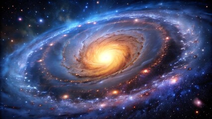 Fototapeta premium Swirling spiral galaxy with bright yellow core and blue nebula clouds filled with stars space