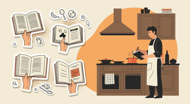 A culinary journey: Cookbook inspiration and chef preparing meals in the kitchen scene