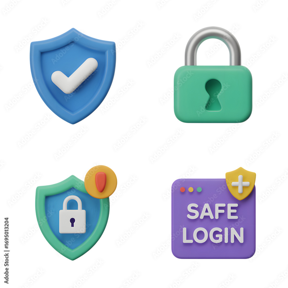 Fototapete four 3d rendered icons representing security and safety including a shield with a checkmark a padloc