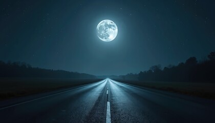 Full moon illuminates dark asphalt road stretching to horizon. Night sky dotted with stars above quiet landscape. Empty highway evokes journey, mystery, solitude, peaceful travel under vast darkness.
