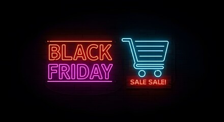 Vibrant neon sign announcing Black Friday with a shopping cart, ideal for promotions. A perfect visual for sales and shopping