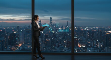 Fototapeta premium Businesswoman analyzing data on tablet in office with city skyline at night visible through window panes