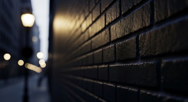 Dark brick wall in a dimly lit urban street with blurred background lights at night - Powered by Adobe