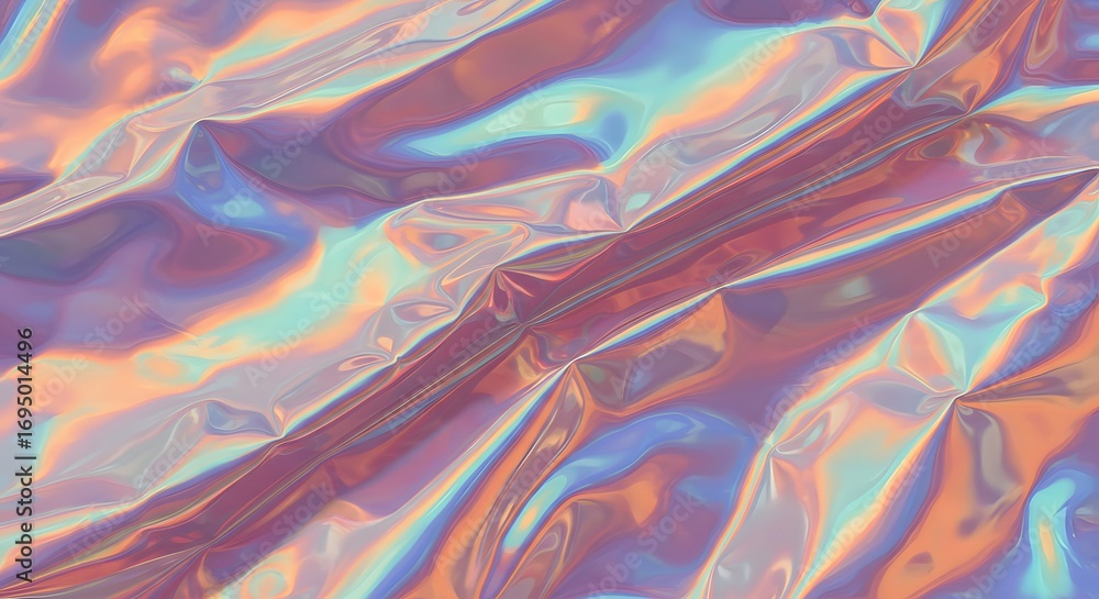 Poster iridescent foil texture with folds and creases reflecting light in pastel colors abstract background
