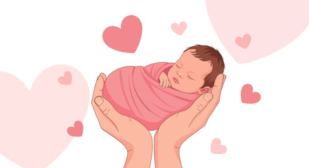 Illustration of a newborn baby sleeping peacefully in loving hands with hearts illustrations