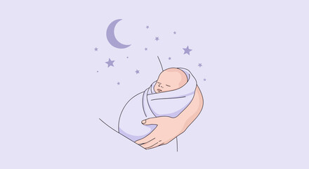 Illustration of a newborn baby swaddled in a blanket held by parent at nightime