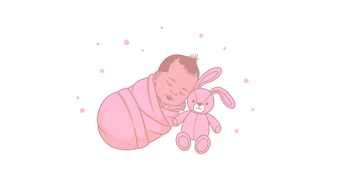Illustration of a newborn baby sleeping with a pink stuffed bunny toy - Powered by Adobe