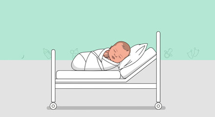 Illustration of a Newborn Baby Swaddled Sleeping in a Hospital Bed for Concept
