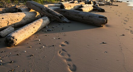 Driftwood logs on sandy beach shoreline under sunlight