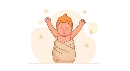 Illustration of a newborn baby wrapped in a blanket with arms raised in the air