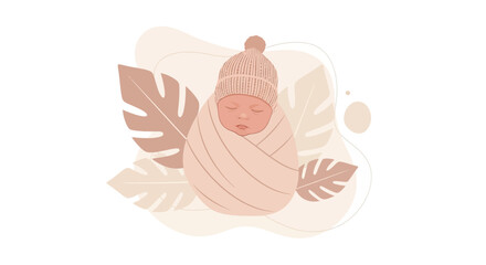 Illustration of a newborn baby wrapped in a blanket with a hat on, leaves in the background