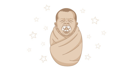 Illustration of a newborn baby wrapped in a blanket with stars on a white background