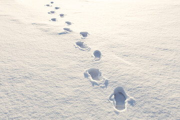 fresh human footprints on white fluffy snow, winter walks and travels