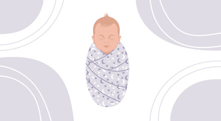Illustration of a newborn baby wrapped in a swaddled blanket with stars and moons design