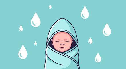 Illustration of a Newborn Baby Wrapped in a Towel, with Water Droplets Around