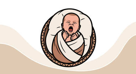 Illustration of a newborn baby yawning in a bed, modern vector art design