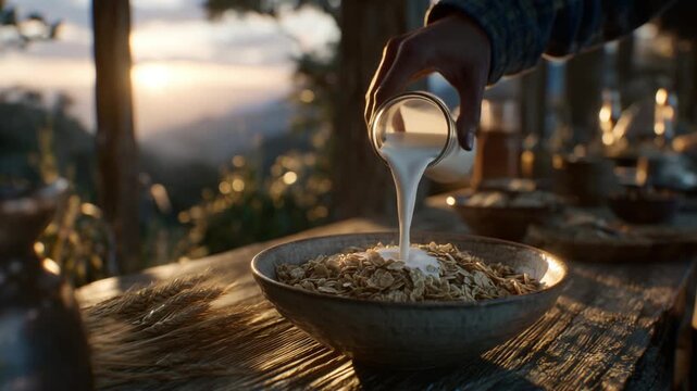 A serene dusk kitchen scene with golden hour light, featuring a hand pouring milk into multigrain cereal, casting soft shadows on textured wood.