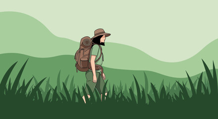 Illustration of a person backpacking through a scenic green landscape during a hike
