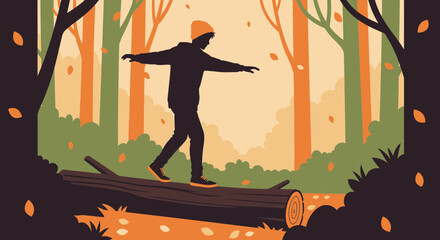 Illustration of a person balancing on a log in a forest environment for artistic purposes