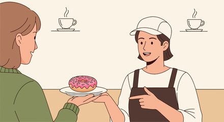 Illustration of a person buying a donut in a coffee shop, customer service concept