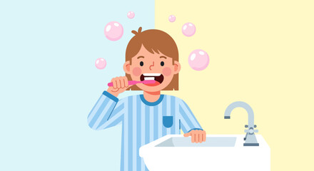 Illustration of a person brushing teeth in the bathroom or to maintain good oral hygiene