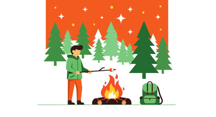 Illustration of a person camping and roasting marshmallows by a campfire at night