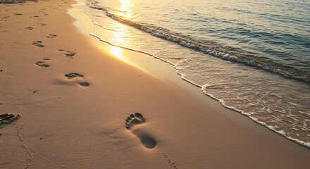 Footprints in sand at beach edge with water and sunlight