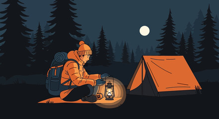 Illustration of a person camping in a forest at night near a tent and a lantern