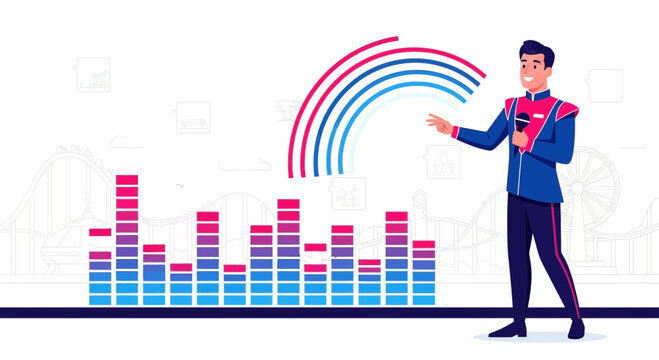 A vibrant cartoon of a man presenting at a modern amusement park with colorful graphics