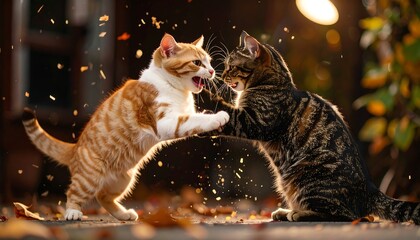 Two domestic felines engaged in playful combat in a backyard setting, leaves swirling around them. A warm glow bathes the scene, enhancing the action