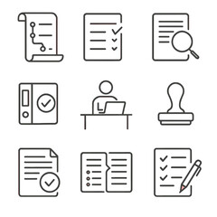 Audit and Review Icons. Line style icons of audit and review activities: audit trail paper, document checklist with tick, paper