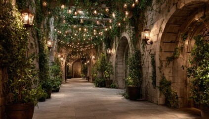 Fototapeta premium Stone walkway, lush greenery, string lights, romantic ambiance. Archways and stone walls lined with vines