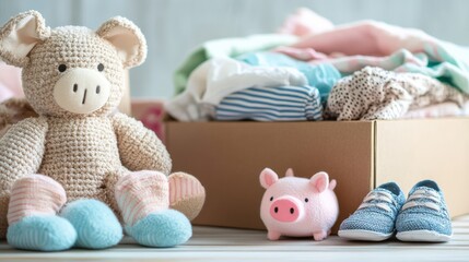 A cardboard box filled with assorted children's clothes and toys.