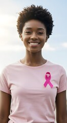 A woman wearing a pink shirt with a pink ribbon, supporting breast cancer awareness