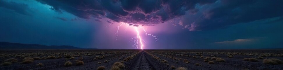 Dramatic lightning strike illuminates a dark, stormy sky over a vast, desolate landscape  The power of nature is on full display in this breathtaking scene  ,  weather,  natural phenomenon,  dark