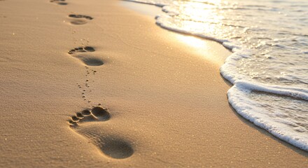 Footprints in sand beside ocean wave reflecting sunlight