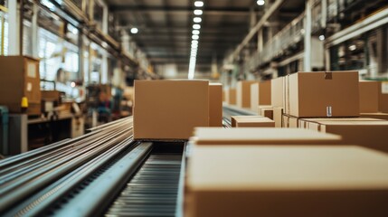 Cardboard boxes moving on an automated production line.