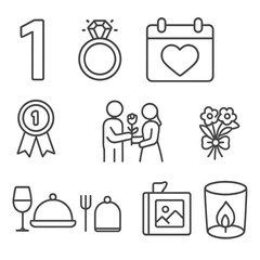 Anniversary Celebration Icons. Line style icons of anniversary celebration symbols: golden number icon, ring with anniversary
