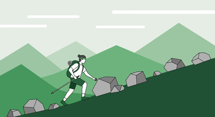Illustration of a person hiking up a mountain with a backpack and hiking pole