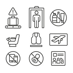 Fototapeta premium Airport Safety Icons. Line style icons of airport and travel safety signage: baggage screening warning, security check symbol,