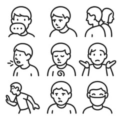 Conflict Avoidance Icons. Line style icons of conflict avoidance and passive behavior: silence with ellipsis, avoiding eye contact