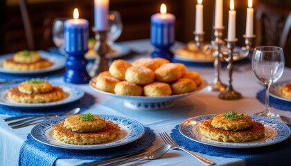 Festive Hanukkah dinner table with latkes, sufganiyot, elegant tableware, blue and white napkins, and glowing candles. Perfect for holiday branding, cultural events, and World Religion Day visuals.
