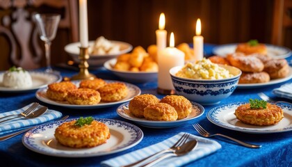 Festive Hanukkah dinner table with latkes, sufganiyot, elegant tableware, blue and white napkins, and glowing candles. Perfect for holiday branding, cultural events, and World Religion Day visuals.