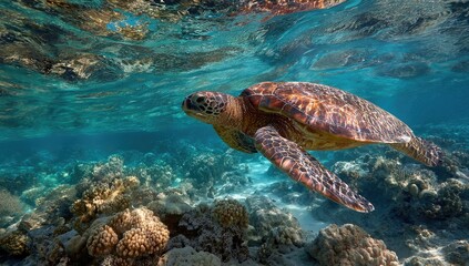 Naklejka premium Underwater shot of a sea turtle swimming over a coral reef. Clear water allows for excellent visibility of the turtle and reef