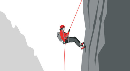 Illustration of a person rappelling down a rock face with safety equipment