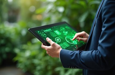 Financial advisor uses tablet with green interface for analyzing stocks in urban garden. Focus on sustainable investing, eco-friendly environment, technology market data, portfolio trends, wealth