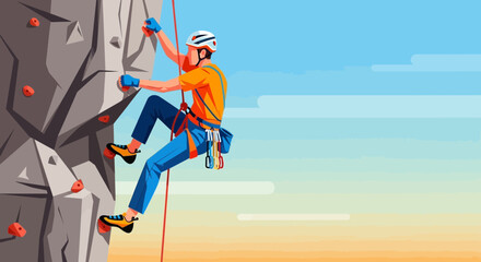 Illustration of a person rock climbing adventure outdoors with a blue sky in the background