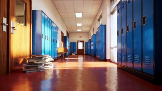 Empty school hallway with blue lockers stretching into the distance warm light